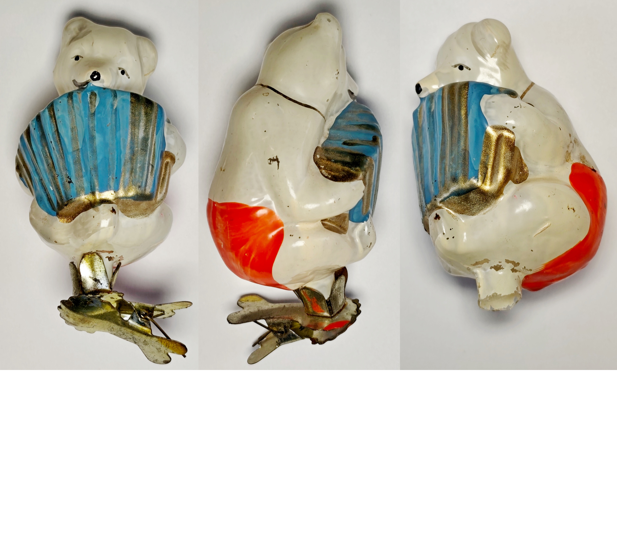 Soviet Glass Christmas Ornament: Musical Bear with Accordion (1950s Rare) #778-29 Soviet Glass Christmas Ornament: Musical Bear with Accordion (1950s Rare) #778-29